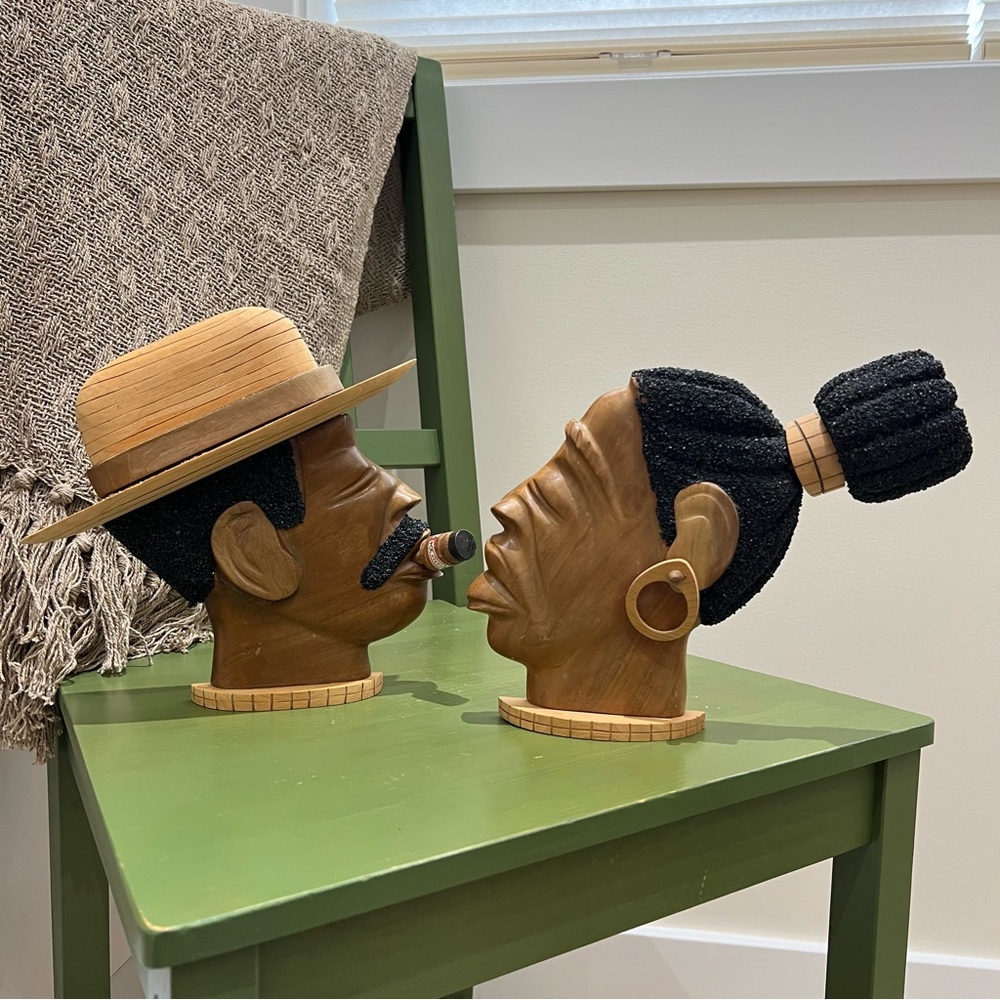 Hand-Carved Cuban Folk Art – Wooden Man & Woman Head – Wall Art